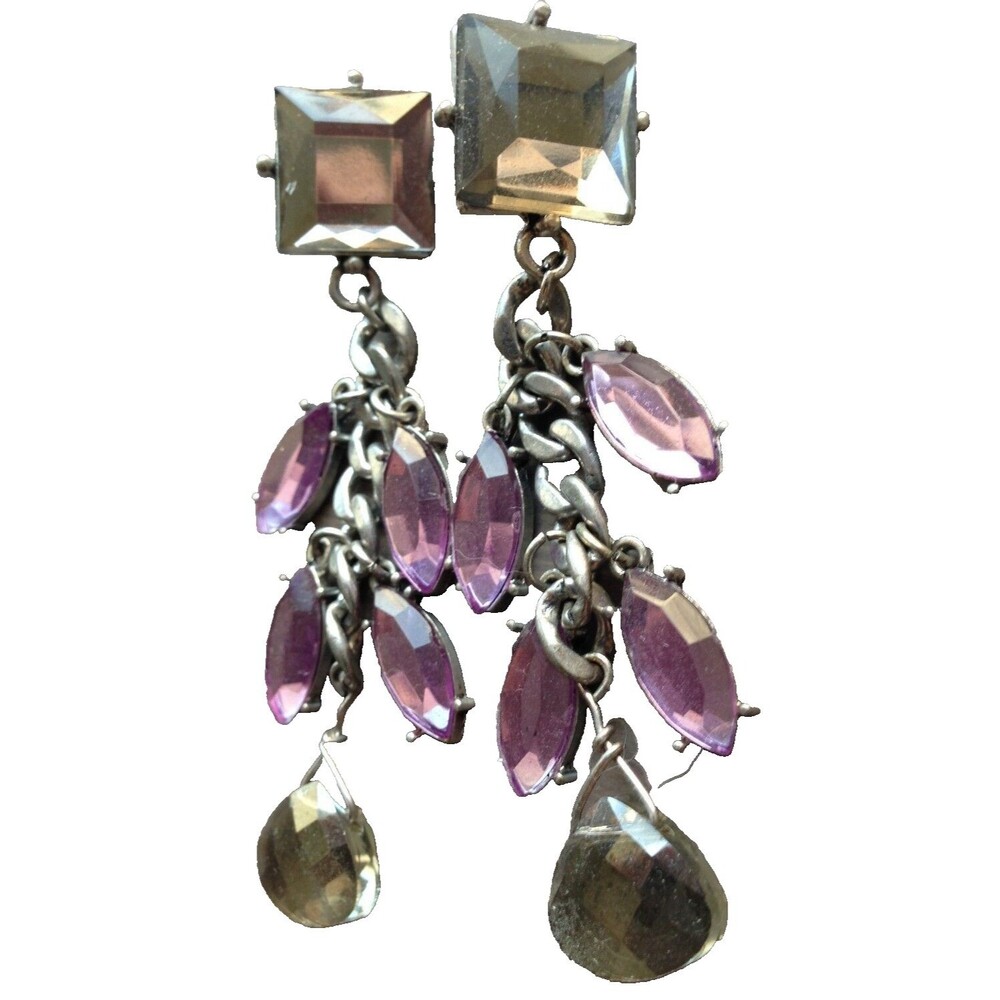 Purple Dangle Earrings Rhinestone Drop‎ Chain Link Metal Pierced Party Going Out